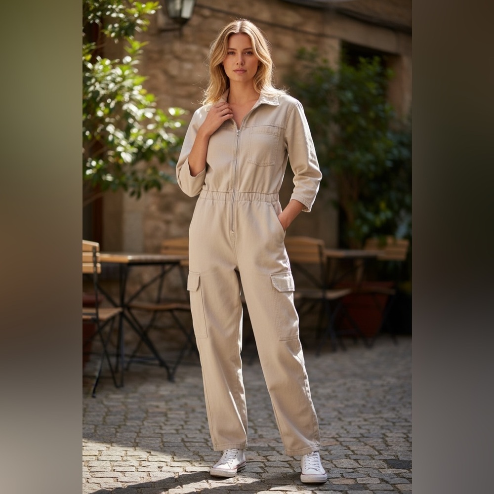 Zara Stylish Cream Cargo Jumpsuit